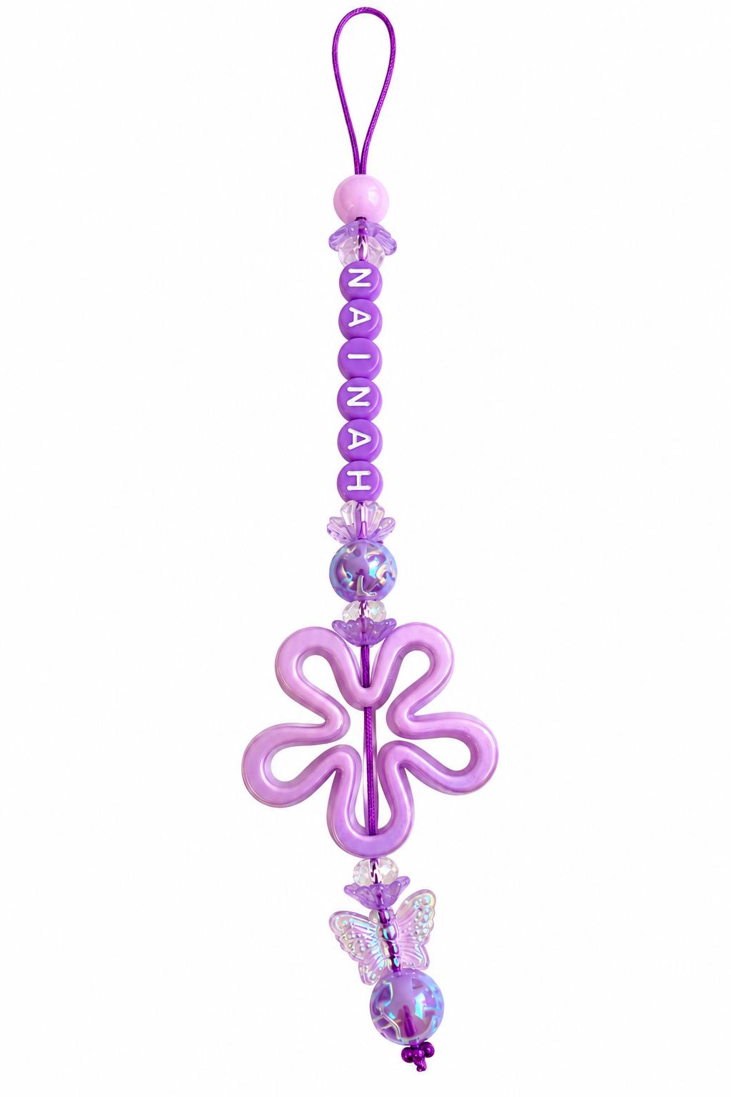 Personalized Purple Flower Phone Charm – Custom Name Beaded Phone Strap
